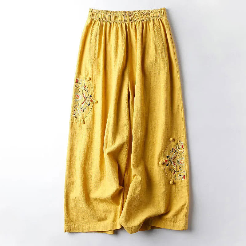 Buddha Stones Spring Ethnic Embroidery Cotton Damenhose mit weitem Bein und Taschen - Gold - US12， UK/AU16，EU44 (4XL) - image 9