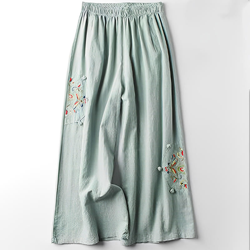 Buddha Stones Spring Ethnic Embroidery Cotton Damenhose mit weitem Bein und Taschen - image 8