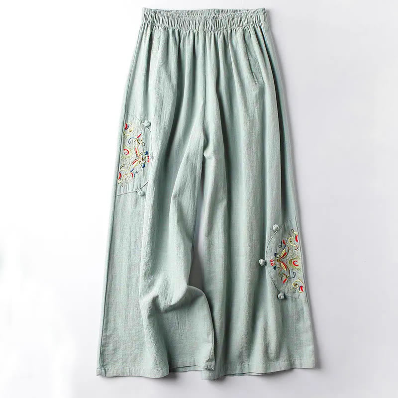 Buddha Stones Spring Ethnic Embroidery Cotton Damenhose mit weitem Bein und Taschen - Blassgrün - US12， UK/AU16，EU44 (4XL) - image 6