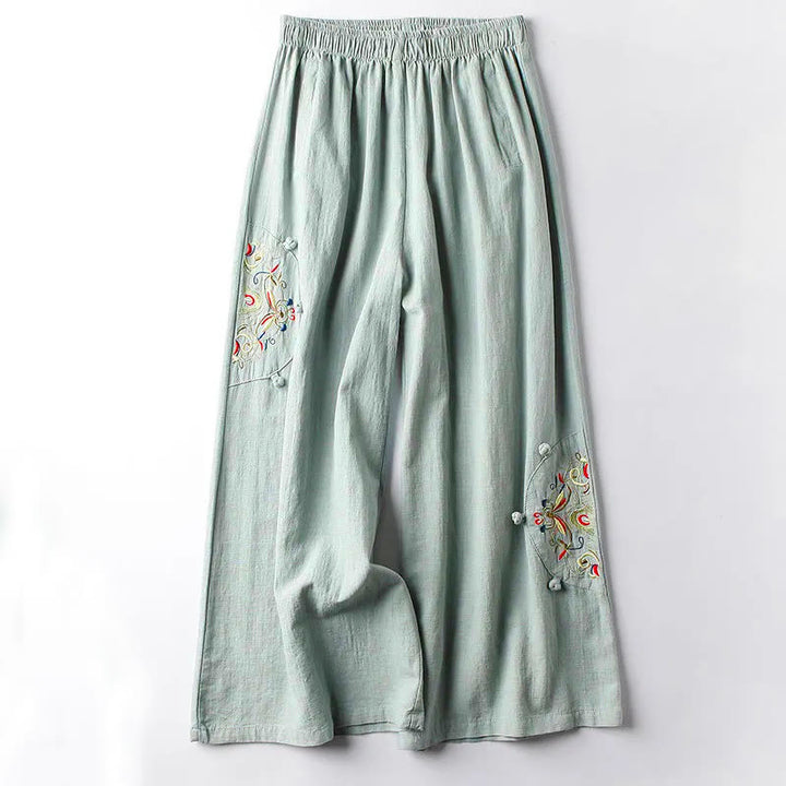 Buddha Stones Spring Ethnic Embroidery Cotton Damenhose mit weitem Bein und Taschen - Blassgrün - US12， UK/AU16，EU44 (4XL) - image 6