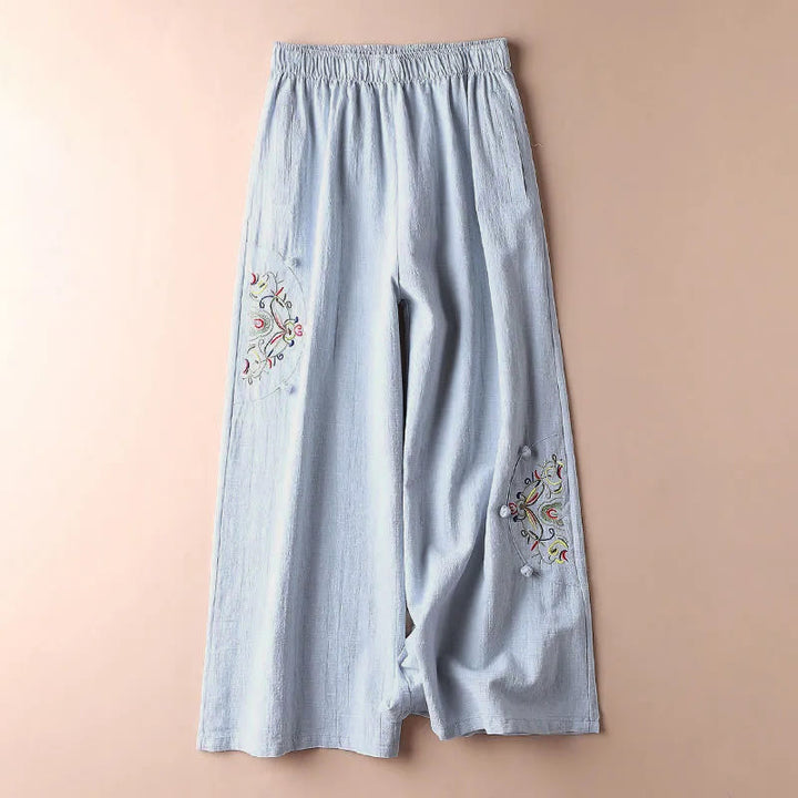 Buddha Stones Spring Ethnic Embroidery Cotton Damenhose mit weitem Bein und Taschen - HellCyan - US12， UK/AU16，EU44 (4XL) - image 10