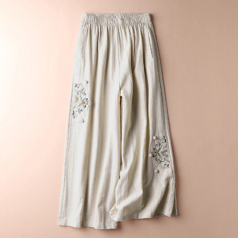 Buddha Stones Spring Ethnic Embroidery Cotton Damenhose mit weitem Bein und Taschen - image 2