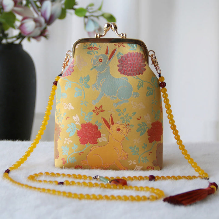 Buddha Stones ​​Retro Chinesische Stickerei Perle Kette Umhängetasche Schultertasche - Gelbes Kaninchen Rote Blume 14*6*18cm - image 14