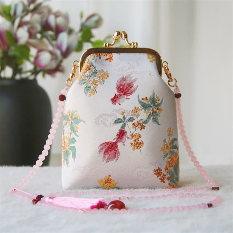 Buddha Stones ​​Retro Chinesische Stickerei Perle Kette Umhängetasche Schultertasche - Roter Koi-Fisch Osmanthus 14*6*18cm - image 13