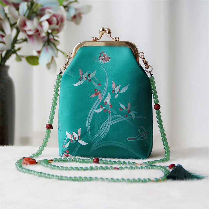 Buddha Stones ​​Retro Chinesische Stickerei Perle Kette Umhängetasche Schultertasche - Grüner Schmetterling Orchidee Schmetterling 14*6*18cm - image 28