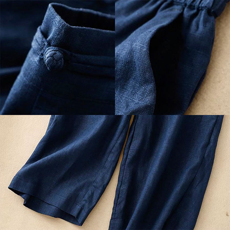 Buddha Stones Daily Einfarbige Damenhose mit weitem Bein und Taschen, elastischer Bund, Froschknopf - image 9