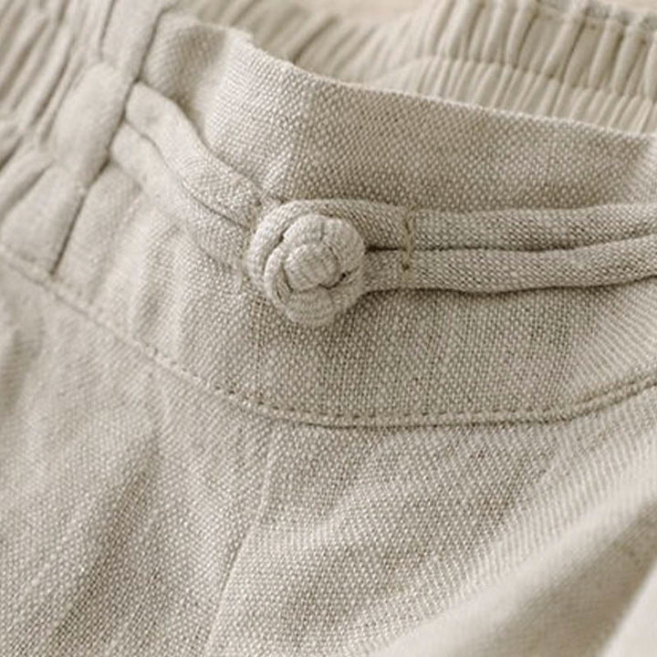 Buddha Stones Vielseitige, einfarbige, elastische Taille mit Froschknopf, Baumwollleinen und weitem Bein für Damen mit Taschen - image 14