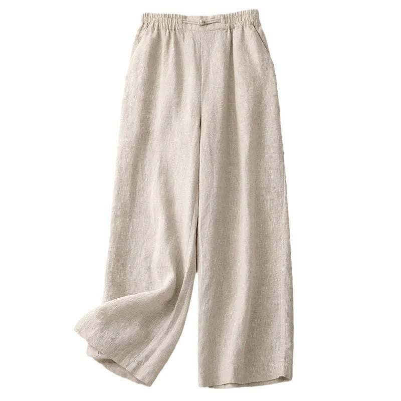 Buddha Stones Daily Einfarbige Damenhose mit weitem Bein und Taschen, elastischer Bund, Froschknopf - image 16