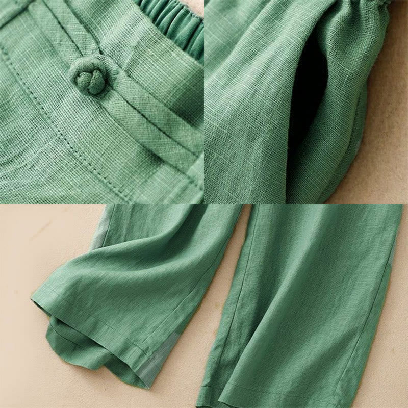 Buddha Stones Vielseitige, einfarbige, elastische Taille mit Froschknopf, Baumwollleinen und weitem Bein für Damen mit Taschen - image 3