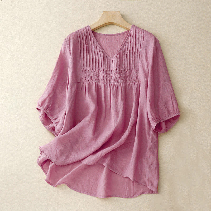 Buddha Stones Lässiges, einfarbiges, lockeres Damen-Baumwollhemd mit V-Ausschnitt und halblangen Ärmeln - BlassViolettRot - US12， UK/AU16，EU44 (2XL) - image 18