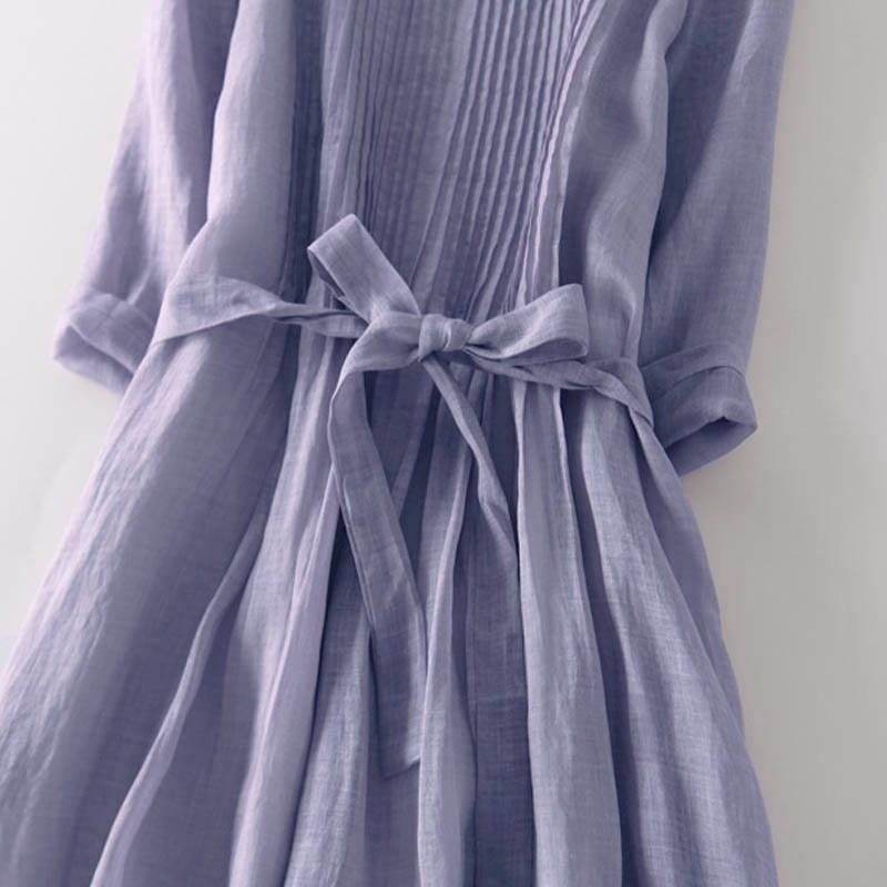 Buddha Stones Lässiges, schlichtes Midikleid mit Schnürung, Rundhalsausschnitt, halben Ärmeln und Taschen - image 16