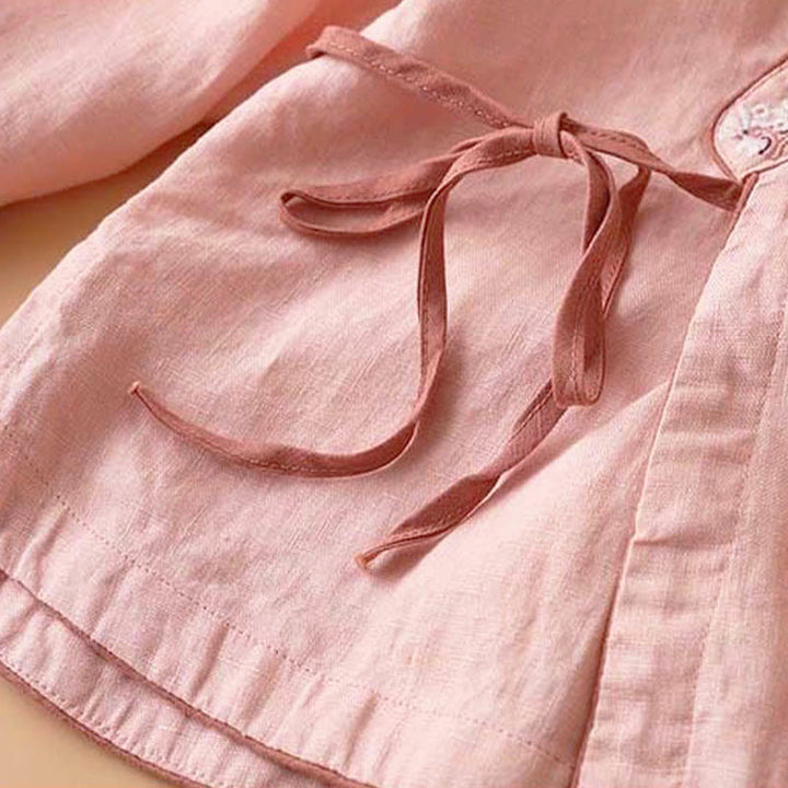 Buddha Stones Lässiges Damenhemd aus Baumwolle mit bestickten Blumen, schrägem Kragen und Riemen - image 4