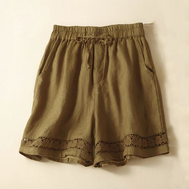 Buddha Stones - Unifarbene Shorts aus Baumwollleinen mit hohlem Spitzendesign und Taschen - Goldrute - US12， UK/AU16，EU44 (3XL) - image 24