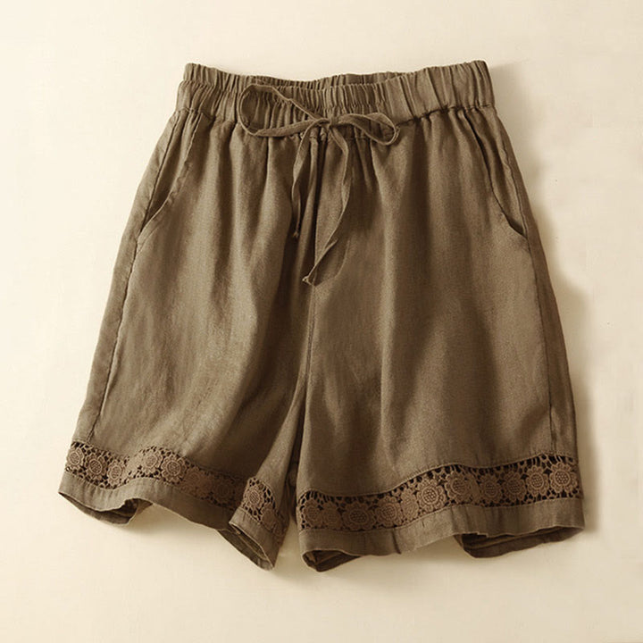 Buddha Stones - Unifarbene Shorts aus Baumwollleinen mit hohlem Spitzendesign und Taschen - Olive - US12， UK/AU16，EU44 (3XL) - image 51