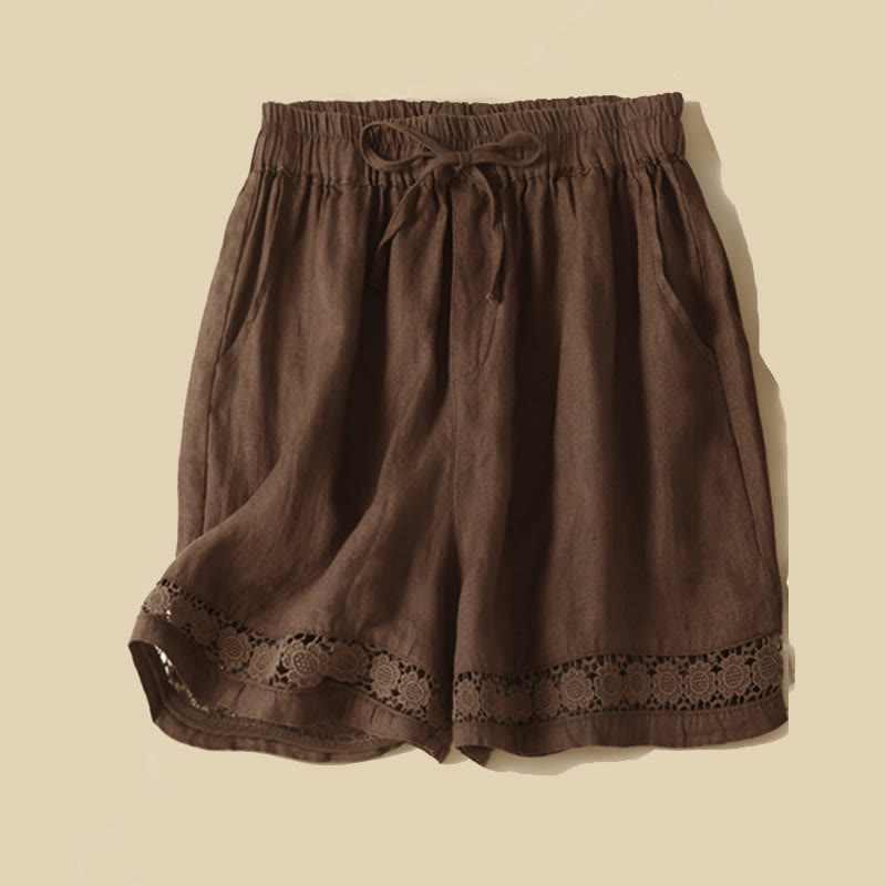 Buddha Stones - Unifarbene Shorts aus Baumwollleinen mit hohlem Spitzendesign und Taschen - Sienna - US12， UK/AU16，EU44 (3XL) - image 37