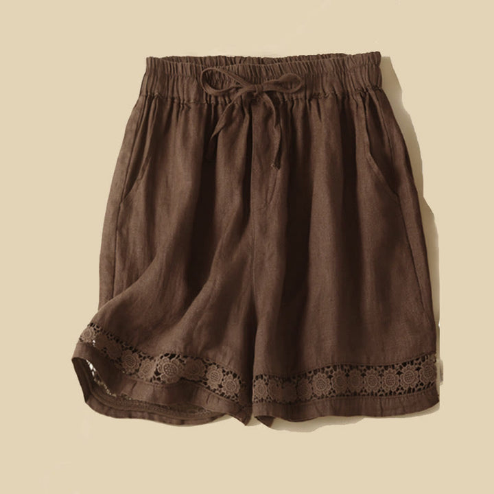 Buddha Stones - Unifarbene Shorts aus Baumwollleinen mit hohlem Spitzendesign und Taschen - Sienna - US12， UK/AU16，EU44 (3XL) - image 37