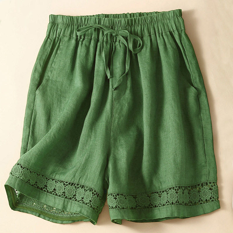 Buddha Stones - Unifarbene Shorts aus Baumwollleinen mit hohlem Spitzendesign und Taschen - image 35