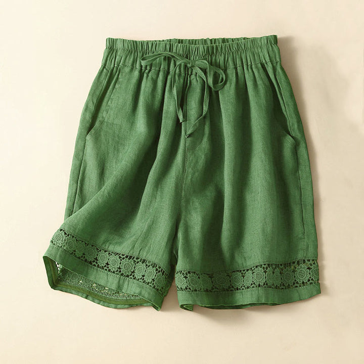 Buddha Stones - Unifarbene Shorts aus Baumwollleinen mit hohlem Spitzendesign und Taschen - Grün - US12， UK/AU16，EU44 (3XL) - image 30