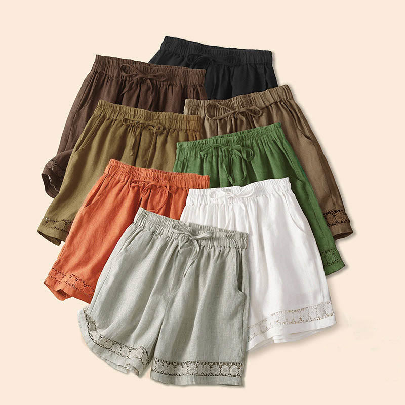 Buddha Stones - Unifarbene Shorts aus Baumwollleinen mit hohlem Spitzendesign und Taschen - image 2