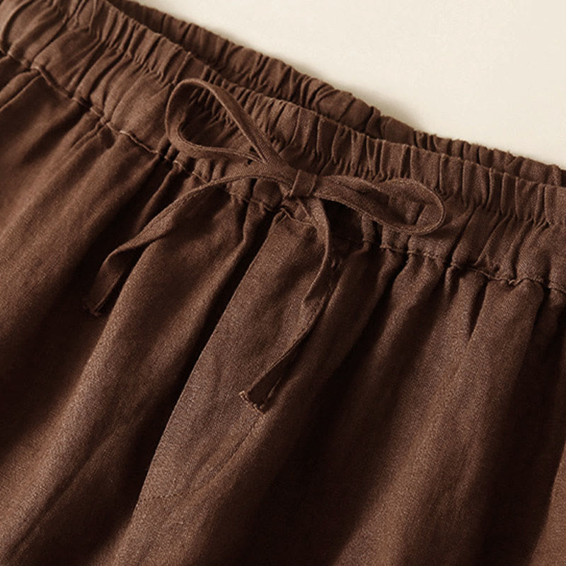 Buddha Stones - Unifarbene Shorts aus Baumwollleinen mit hohlem Spitzendesign und Taschen - image 40