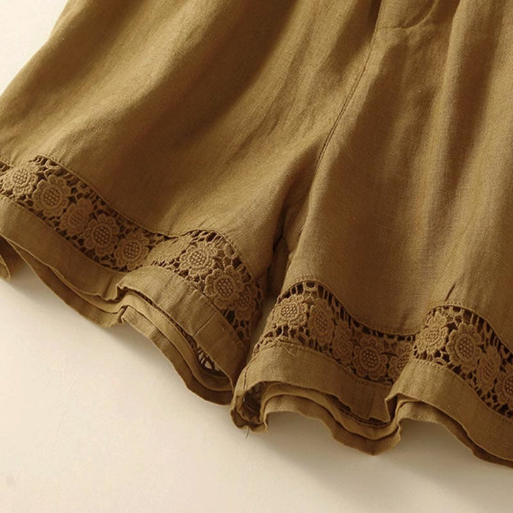 Buddha Stones - Unifarbene Shorts aus Baumwollleinen mit hohlem Spitzendesign und Taschen - image 28