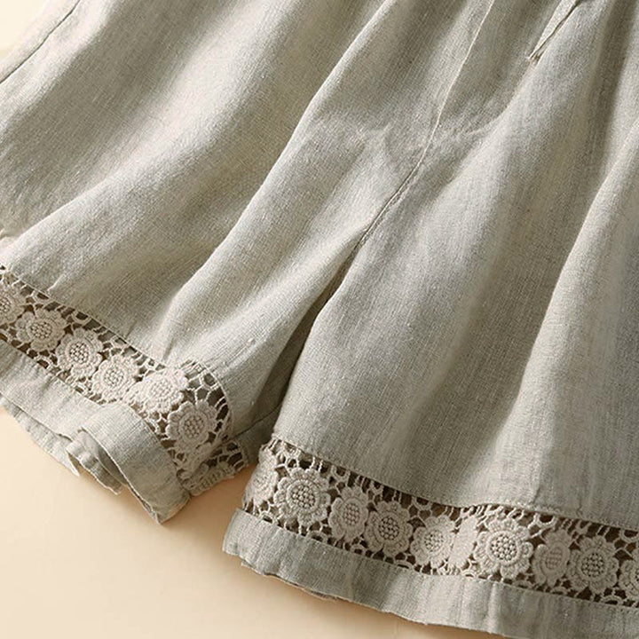 Buddha Stones - Unifarbene Shorts aus Baumwollleinen mit hohlem Spitzendesign und Taschen - image 9