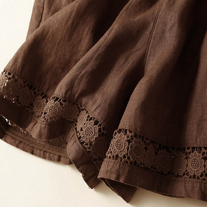 Buddha Stones - Unifarbene Shorts aus Baumwollleinen mit hohlem Spitzendesign und Taschen - image 39