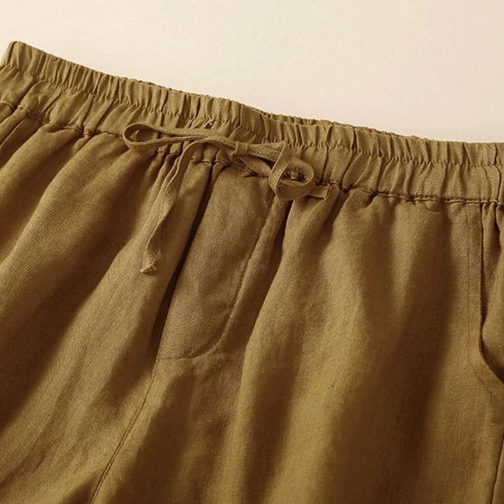 Buddha Stones - Unifarbene Shorts aus Baumwollleinen mit hohlem Spitzendesign und Taschen - image 25