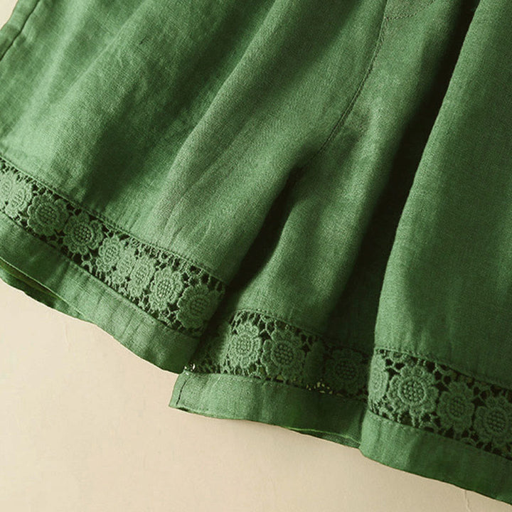Buddha Stones - Unifarbene Shorts aus Baumwollleinen mit hohlem Spitzendesign und Taschen - image 32