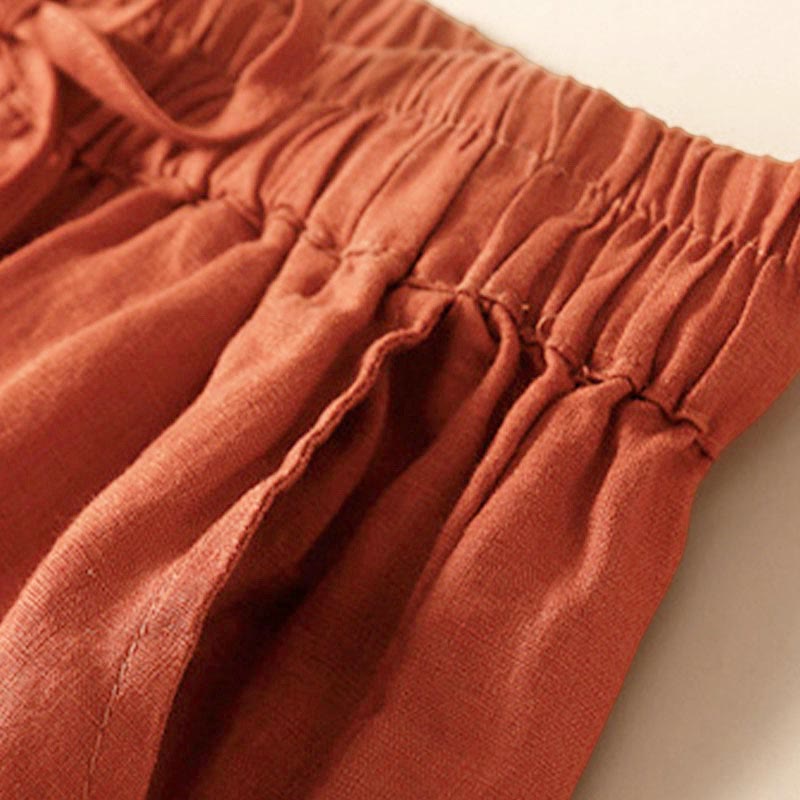 Buddha Stones - Unifarbene Shorts aus Baumwollleinen mit hohlem Spitzendesign und Taschen - image 45