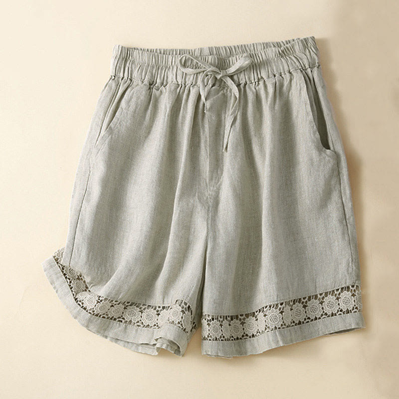 Buddha Stones - Unifarbene Shorts aus Baumwollleinen mit hohlem Spitzendesign und Taschen - Beige - US12， UK/AU16，EU44 (3XL) - image 1
