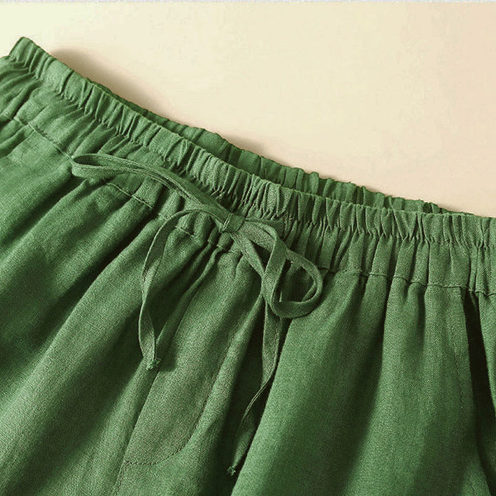 Buddha Stones - Unifarbene Shorts aus Baumwollleinen mit hohlem Spitzendesign und Taschen - image 31