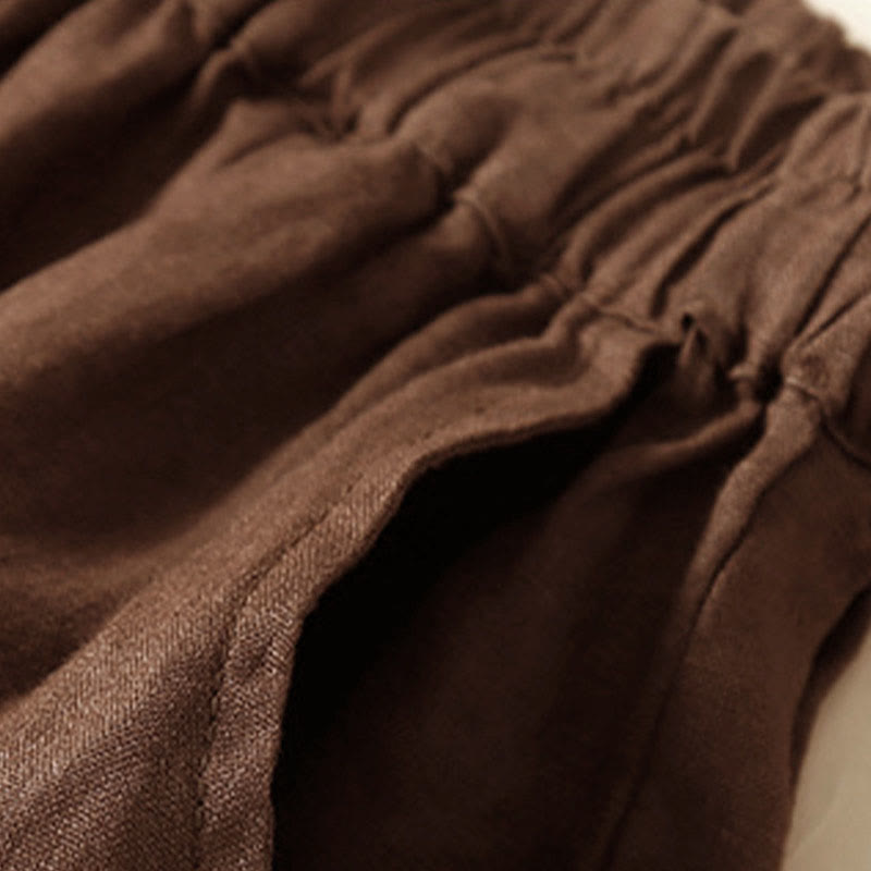Buddha Stones - Unifarbene Shorts aus Baumwollleinen mit hohlem Spitzendesign und Taschen - image 38