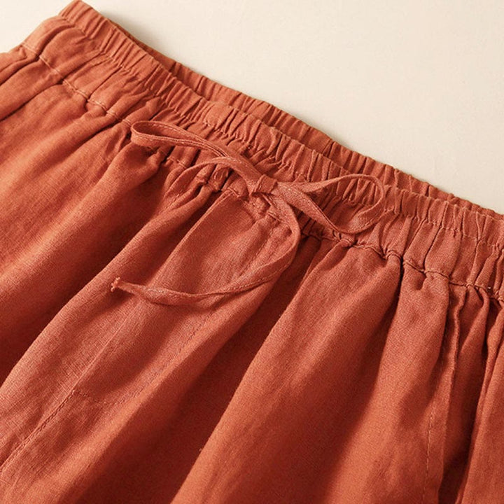 Buddha Stones - Unifarbene Shorts aus Baumwollleinen mit hohlem Spitzendesign und Taschen - image 49