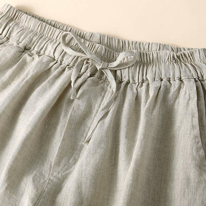 Buddha Stones - Unifarbene Shorts aus Baumwollleinen mit hohlem Spitzendesign und Taschen - image 8