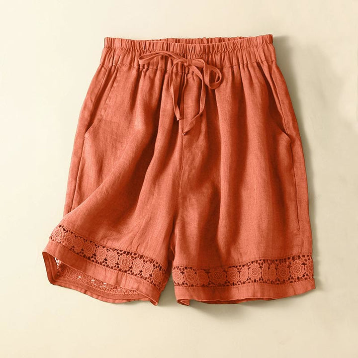 Buddha Stones - Unifarbene Shorts aus Baumwollleinen mit hohlem Spitzendesign und Taschen - DunkelOrange - US12， UK/AU16，EU44 (3XL) - image 44