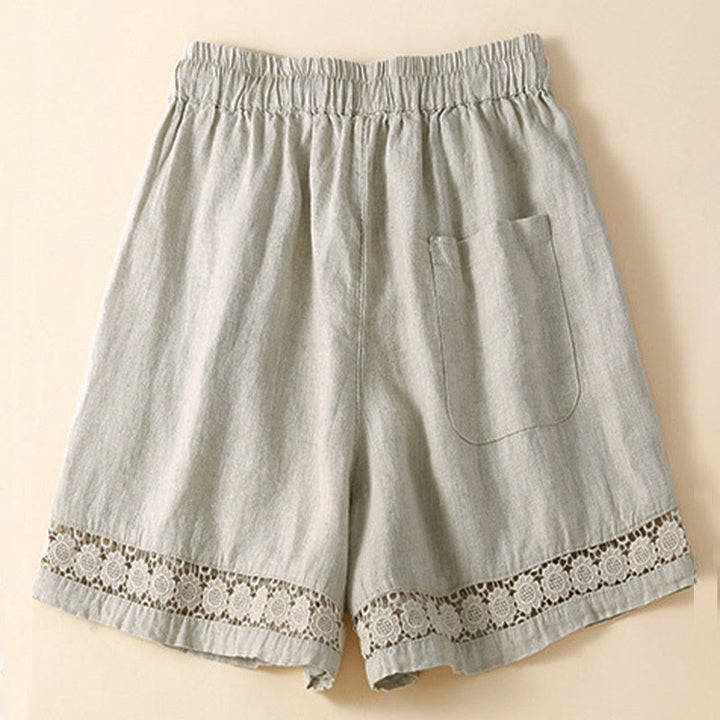 Buddha Stones - Unifarbene Shorts aus Baumwollleinen mit hohlem Spitzendesign und Taschen - image 3