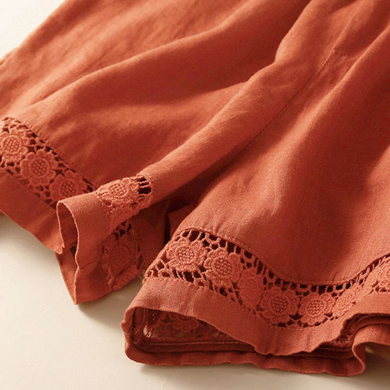 Buddha Stones - Unifarbene Shorts aus Baumwollleinen mit hohlem Spitzendesign und Taschen - image 48