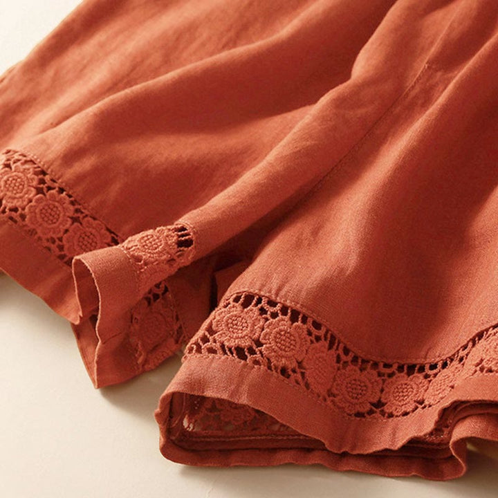 Buddha Stones - Unifarbene Shorts aus Baumwollleinen mit hohlem Spitzendesign und Taschen - image 48