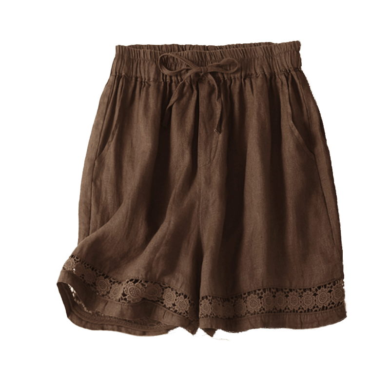 Buddha Stones - Unifarbene Shorts aus Baumwollleinen mit hohlem Spitzendesign und Taschen - image 43