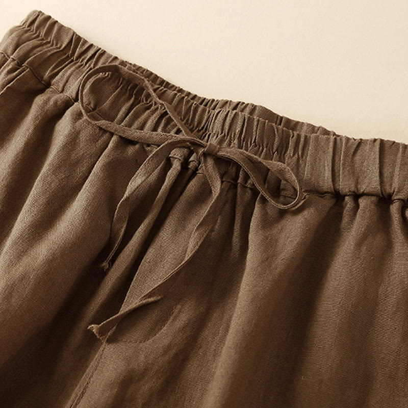 Buddha Stones - Unifarbene Shorts aus Baumwollleinen mit hohlem Spitzendesign und Taschen - image 56