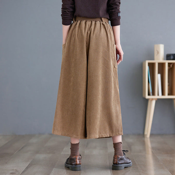 Buddha Stones Retro Damen Weites Bein 7-8 Länge Cord Baumwollhose mit Taschen Gürtel - image 3