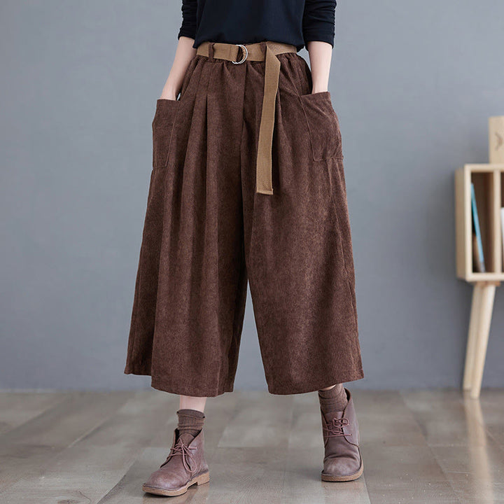 Buddha Stones Retro Damen Weites Bein 7-8 Länge Cord Baumwollhose mit Taschen Gürtel - Sattelbraun - US12， UK/AU16，EU44 (2XL) - image 17