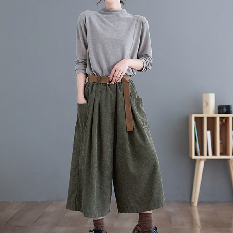 Buddha Stones Retro Damen Weites Bein 7-8 Länge Cord Baumwollhose mit Taschen Gürtel - image 14