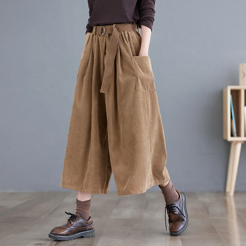 Buddha Stones Retro Damen Weites Bein 7-8 Länge Cord Baumwollhose mit Taschen Gürtel - Goldrute - US12， UK/AU16，EU44 (2XL) - image 1