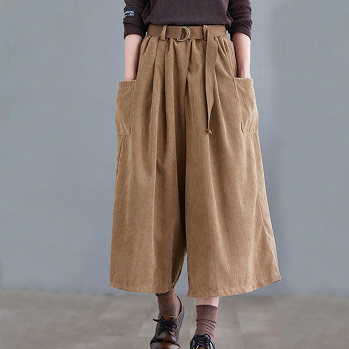 Buddha Stones Retro Damen Weites Bein 7-8 Länge Cord Baumwollhose mit Taschen Gürtel - image 2