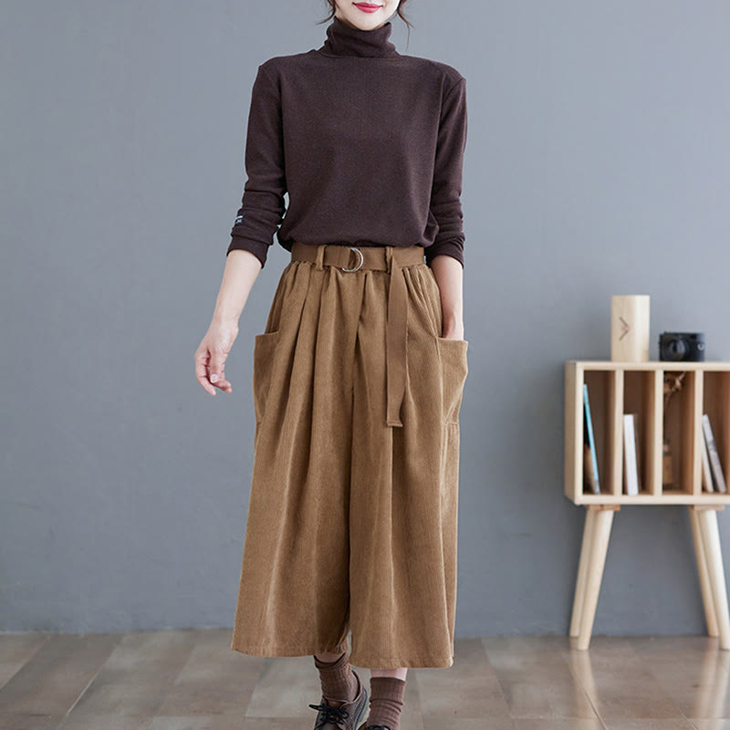Buddha Stones Retro Damen Weites Bein 7-8 Länge Cord Baumwollhose mit Taschen Gürtel - image 7