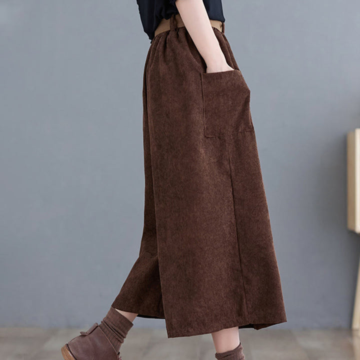 Buddha Stones Retro Damen Weites Bein 7-8 Länge Cord Baumwollhose mit Taschen Gürtel - image 19