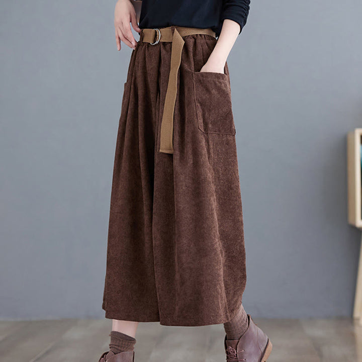 Buddha Stones Retro Damen Weites Bein 7-8 Länge Cord Baumwollhose mit Taschen Gürtel - image 18