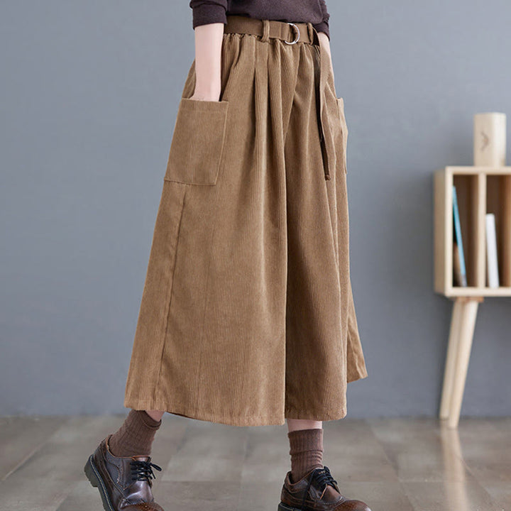 Buddha Stones Retro Damen Weites Bein 7-8 Länge Cord Baumwollhose mit Taschen Gürtel - image 4